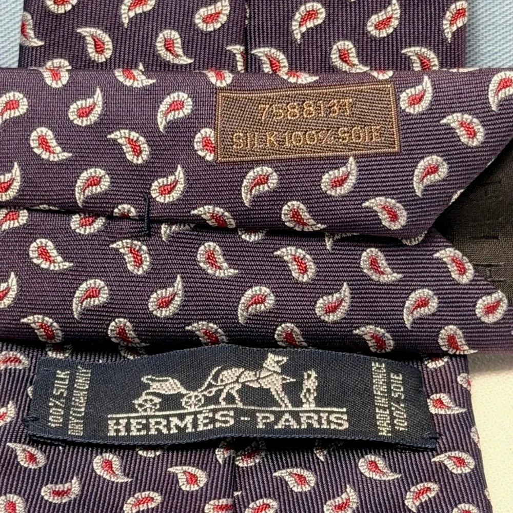 Hermes Vintage Navy Blue and Red Paisley 100% Silk Tie